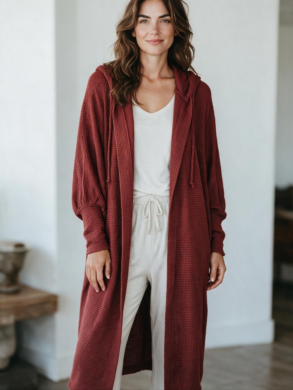 Dear Scarlett Women Burgundy Waffle Knit Hooded Cardigan TRV-PAMPER Medium NWT